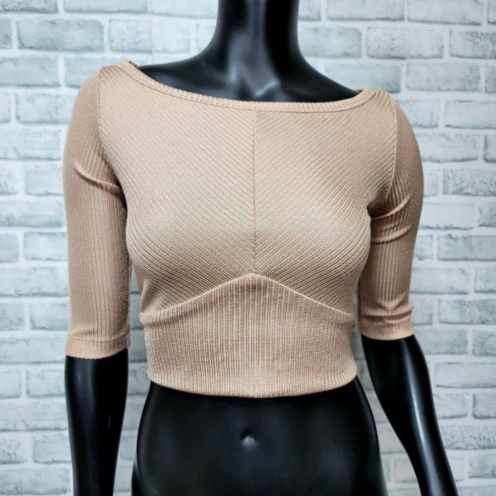 Rachel Comey Womens 0 Blush Shimmery Ribbed Crop Top Tie Keyhole Cutout Back